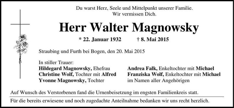 Traueranzeige Walter Magnowsky