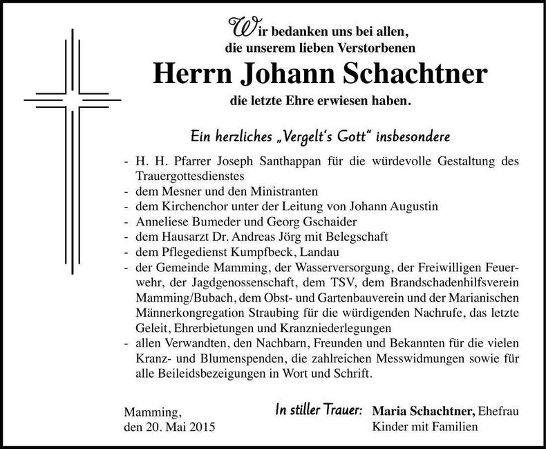 Traueranzeige Johann Schachtner