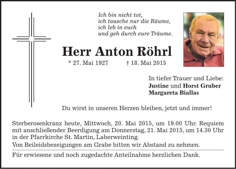 Traueranzeige Anton Röhrl