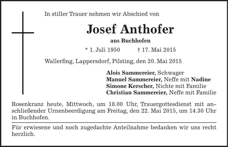 Traueranzeige Josef Anthofer