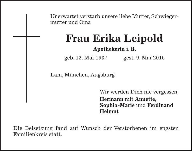 Traueranzeige Erika Leipold