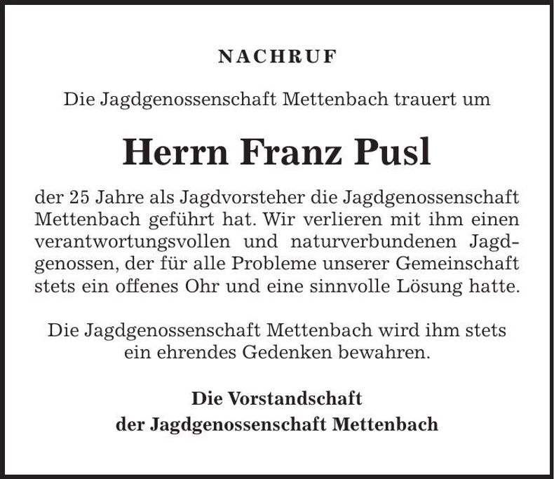Traueranzeige Franz Pusl