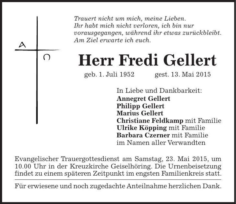 Traueranzeige Fredi Gellert