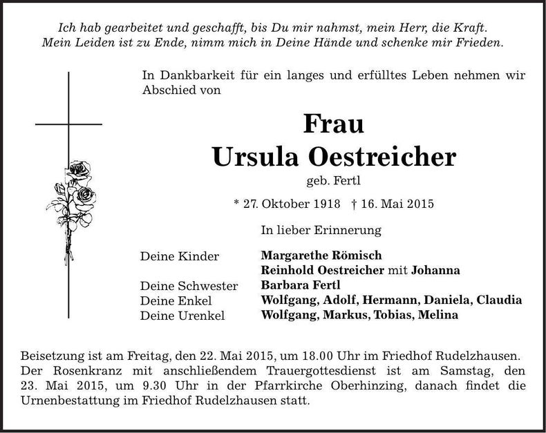 Traueranzeige Ursula Oesterreicher