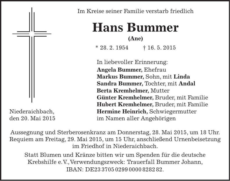 Traueranzeige Hans Bummer