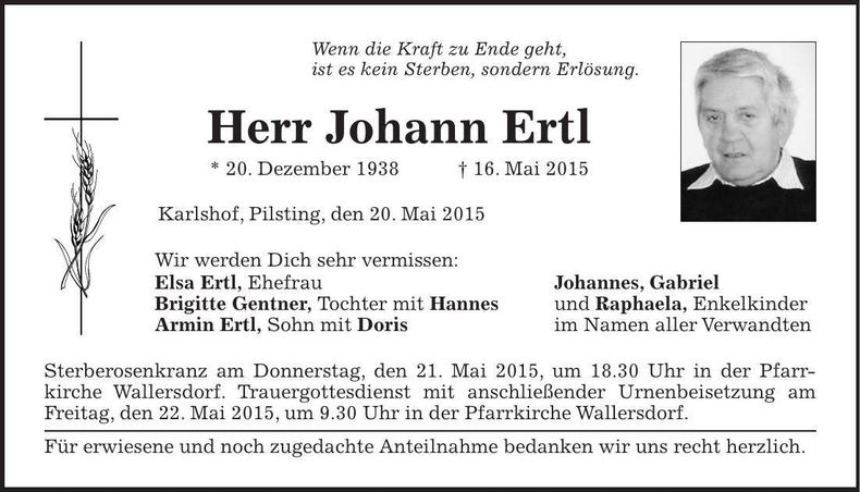 Traueranzeige Johann Ertl