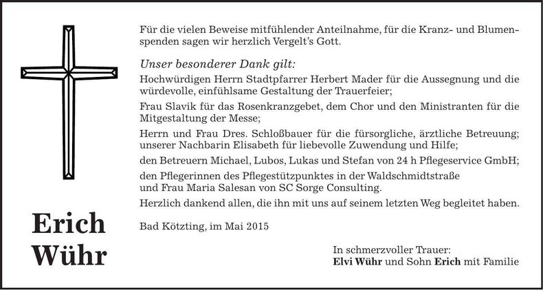 Traueranzeige Erich Wühr