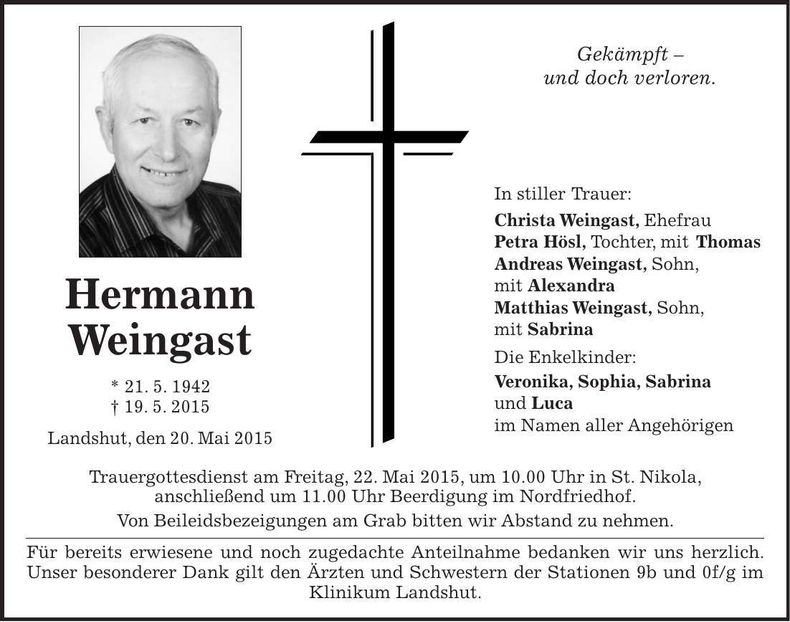 Traueranzeige Hermann Weingast