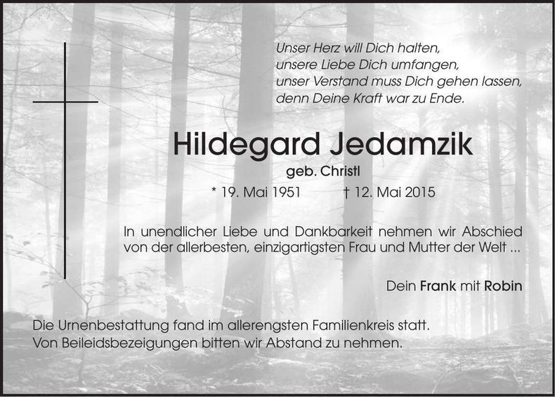 Traueranzeige Hildegard Jedamzik