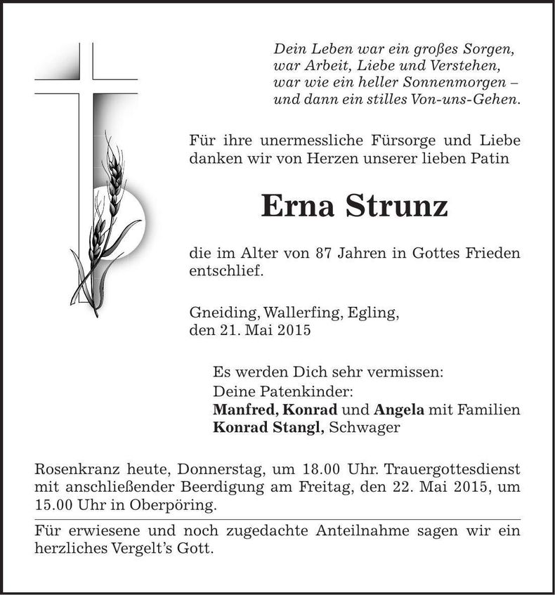Traueranzeige Erna Strunz