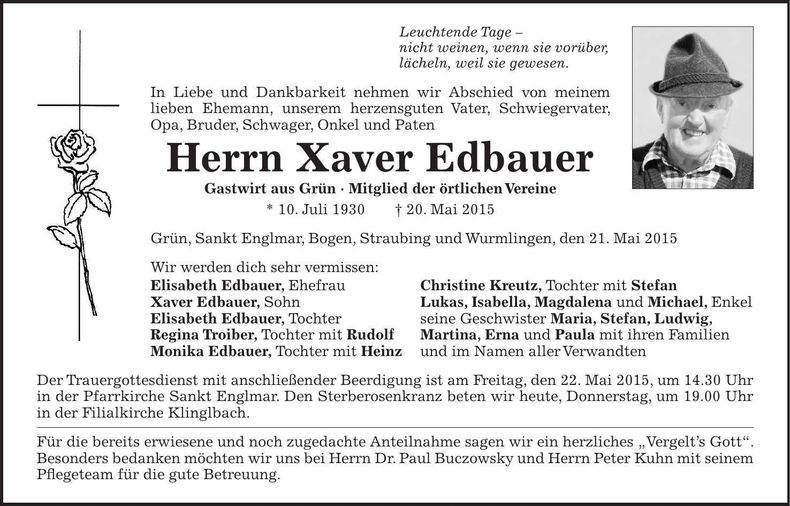 Traueranzeige Xaver Edbauer