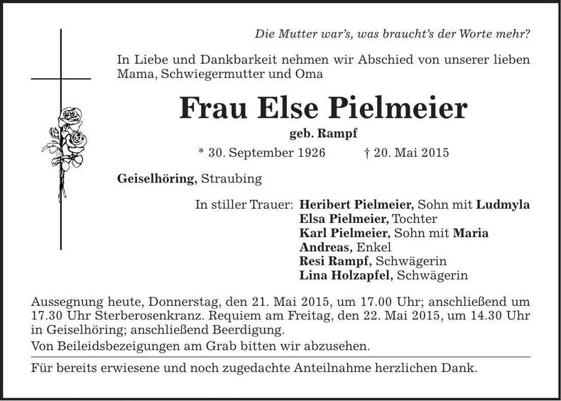 Traueranzeige Else Pielmeier