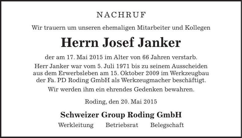 Traueranzeige Josef Janker