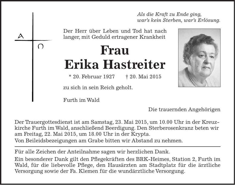 Traueranzeige Erika Hastreiter