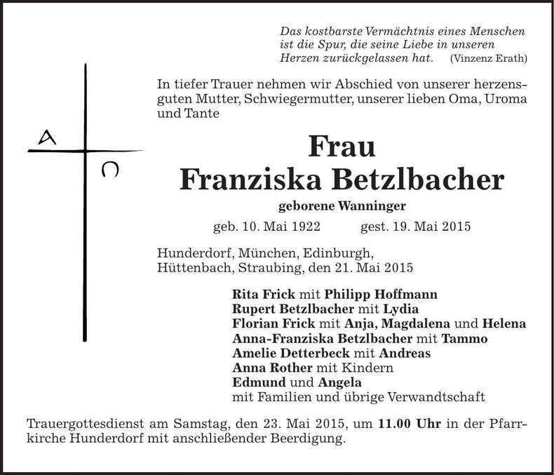 Traueranzeige Franziska Betzlbacher