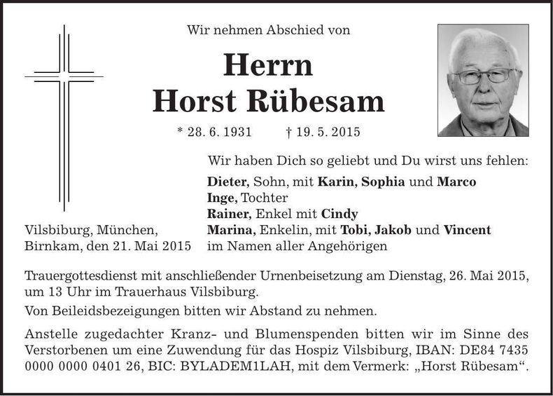 Traueranzeige Horst Rübesam