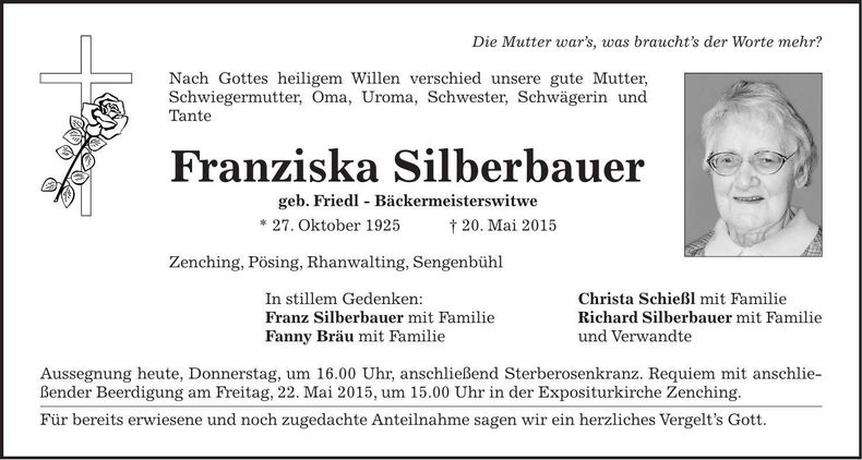 Traueranzeige Franziska Silberbauer