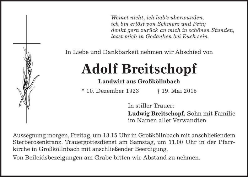 Traueranzeige Adolf Breitschopf