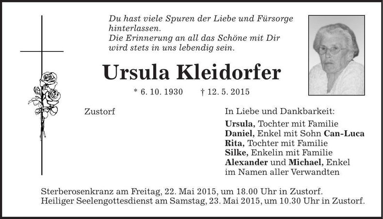 Traueranzeige Ursula Kleidorfer