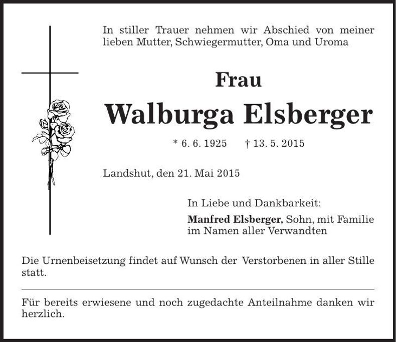 Traueranzeige Walburga Elsberger