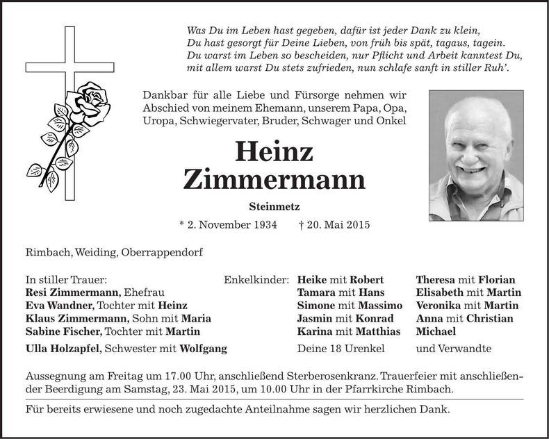 Traueranzeige Heinz Zimmermann