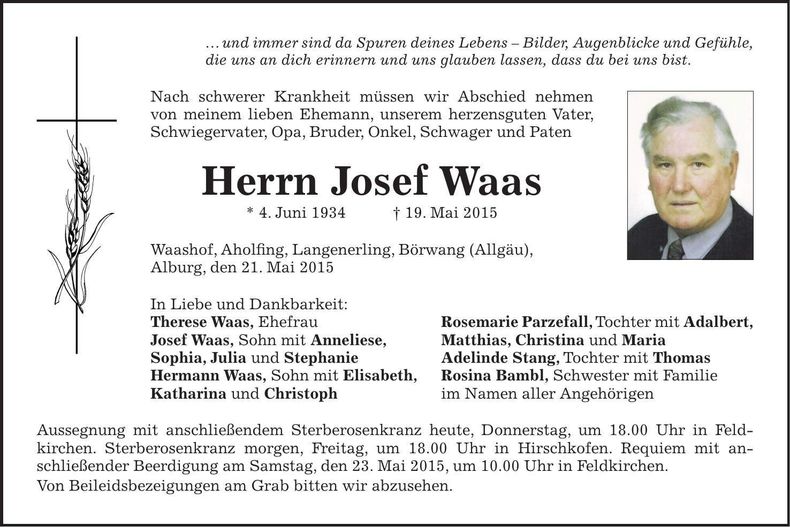 Traueranzeige Josef Waas
