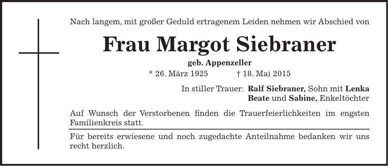 Traueranzeige Margot Siebraner