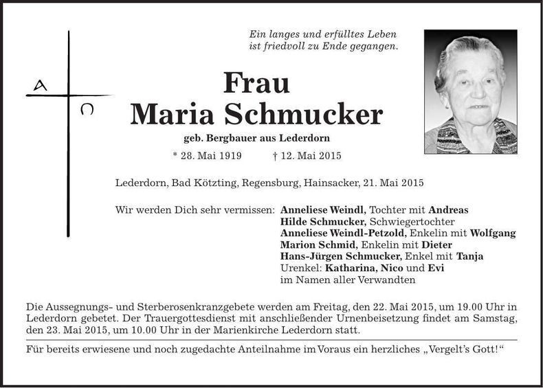 Traueranzeige Maria Schmucker