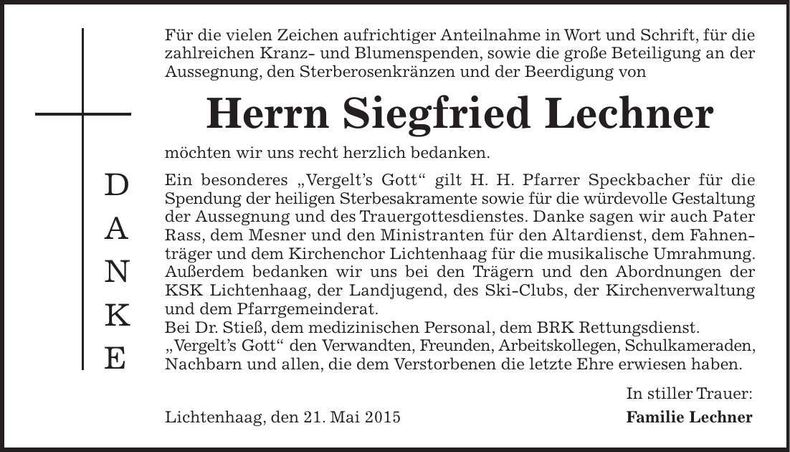 Traueranzeige Siegfried Lechner
