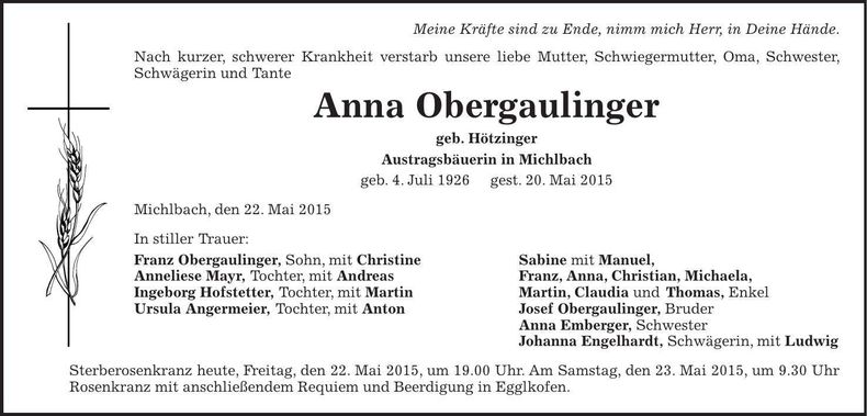Traueranzeige Anna Obergaulinger