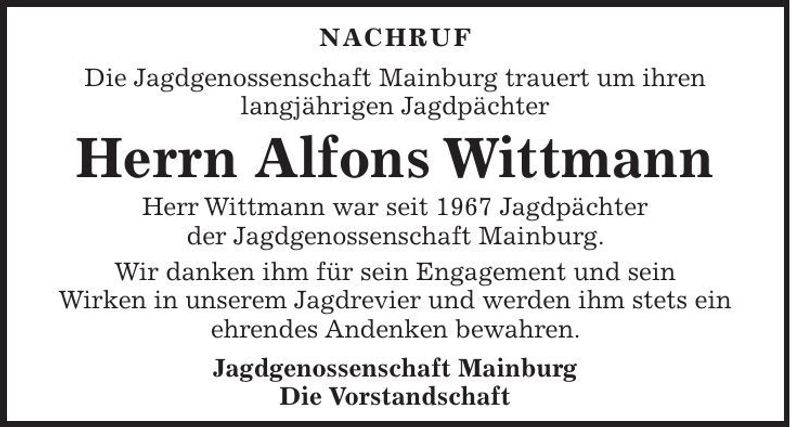 Traueranzeige Alfons Wittmann