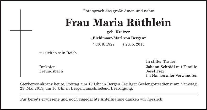 Traueranzeige Maria Rüthlein
