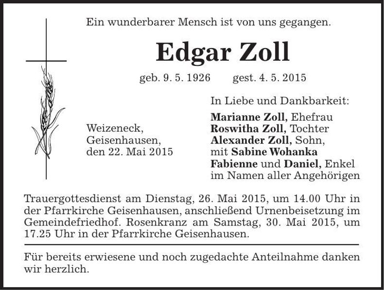 Traueranzeige Edgar Zoll