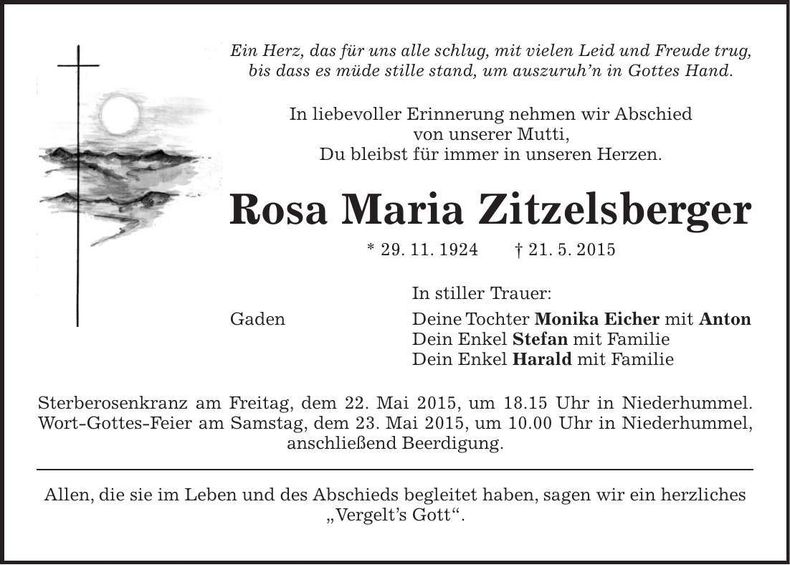 Traueranzeige Rosa Maria Zitzelsberger