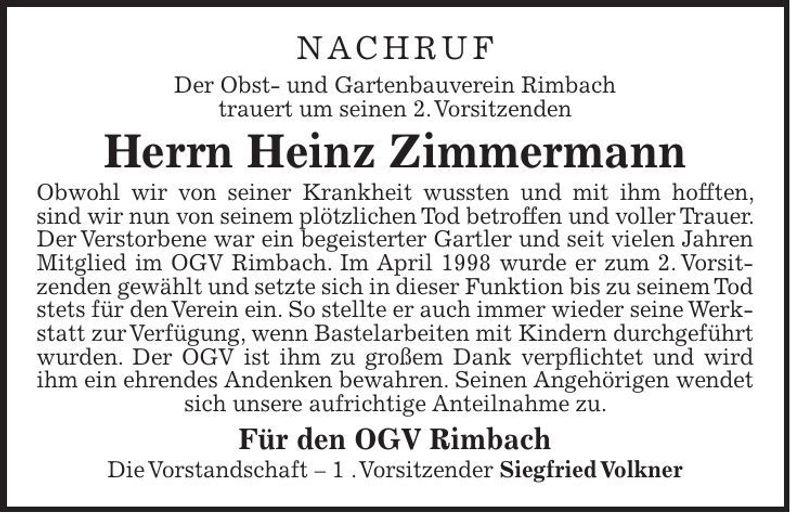 Traueranzeige Heinz Zimmermann