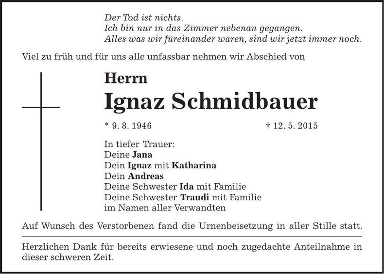 Traueranzeige Ignaz Schmidbauer