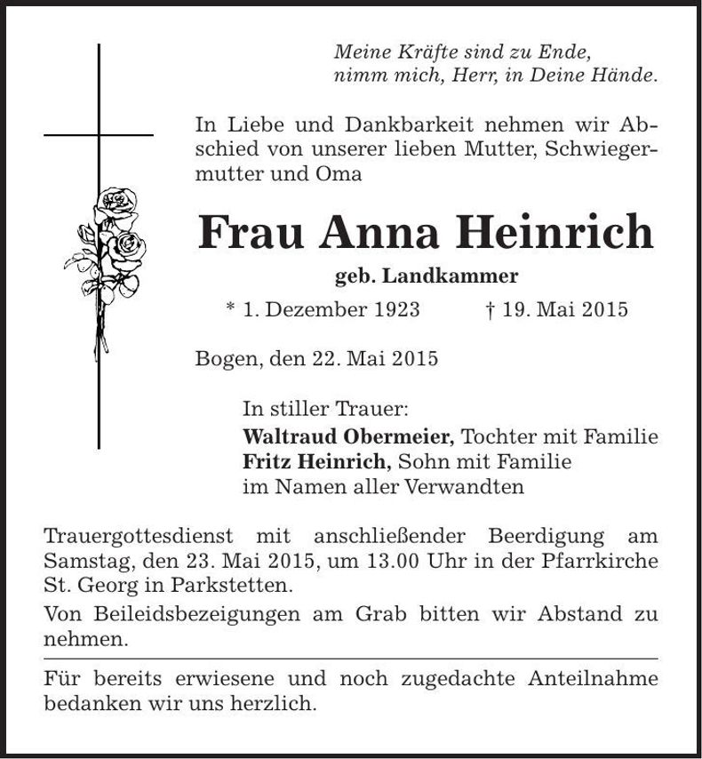Traueranzeige Anna Heinrich