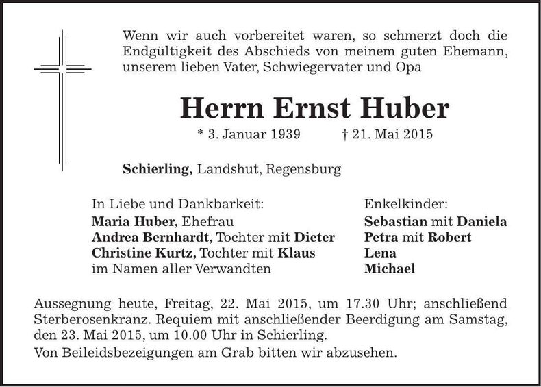 Traueranzeige Ernst Huber