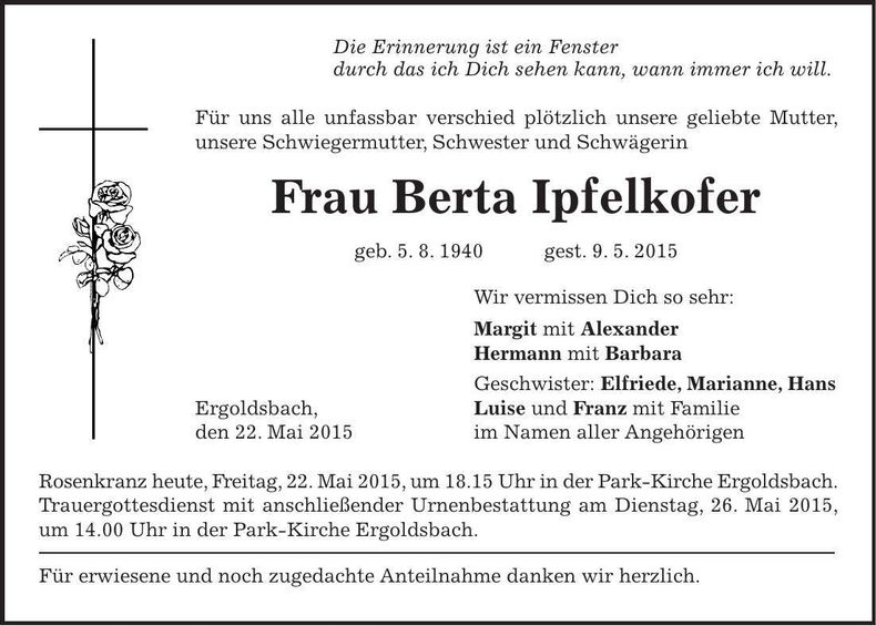 Traueranzeige Berta Ipfelkofer
