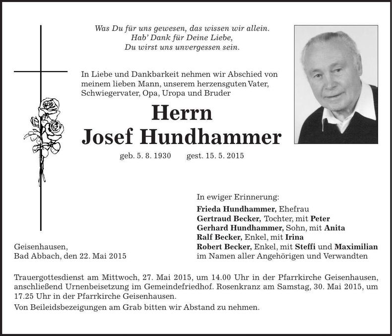 Traueranzeige Josef Hundhammer