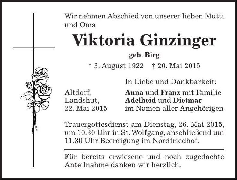 Traueranzeige Viktoria Ginzinger