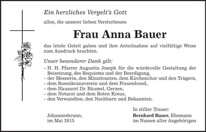 Traueranzeige Anna Bauer