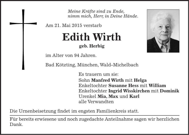 Traueranzeige Edith Wirth