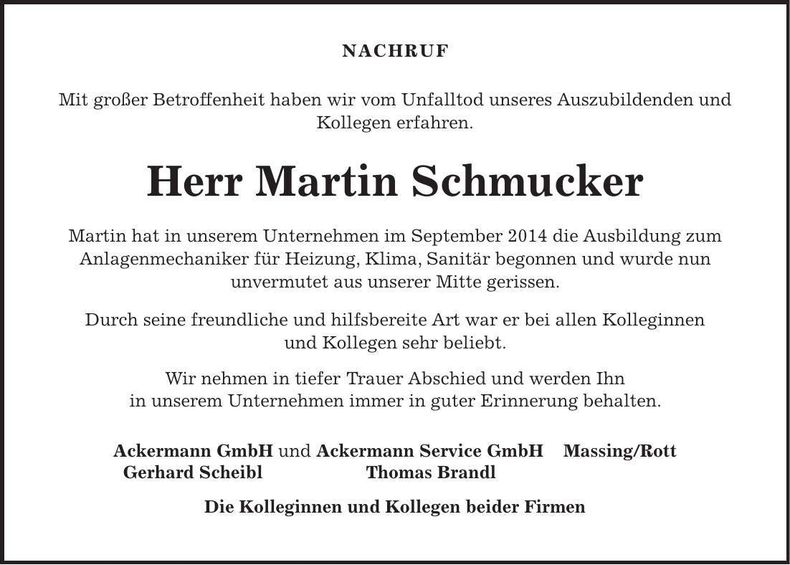 Traueranzeige Martin Schmucker