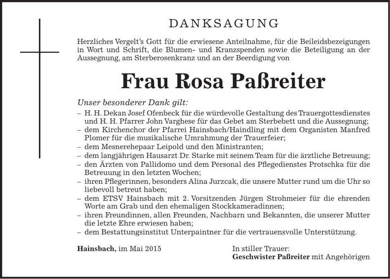 Traueranzeige Rosa Paßreiter