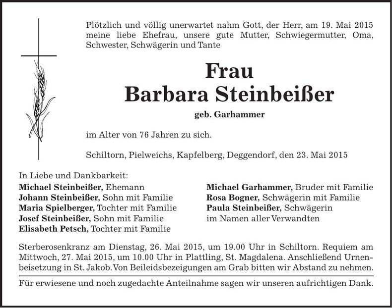 Traueranzeige Barbara Steinbeißer