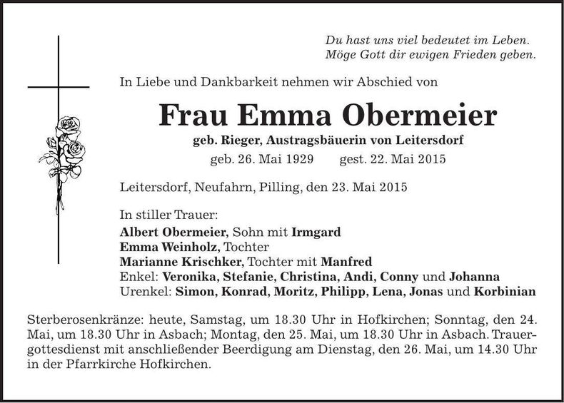 Traueranzeige Emma Obermeier