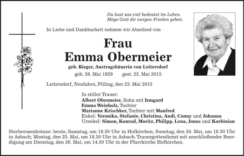 Traueranzeige Emma Obermeier