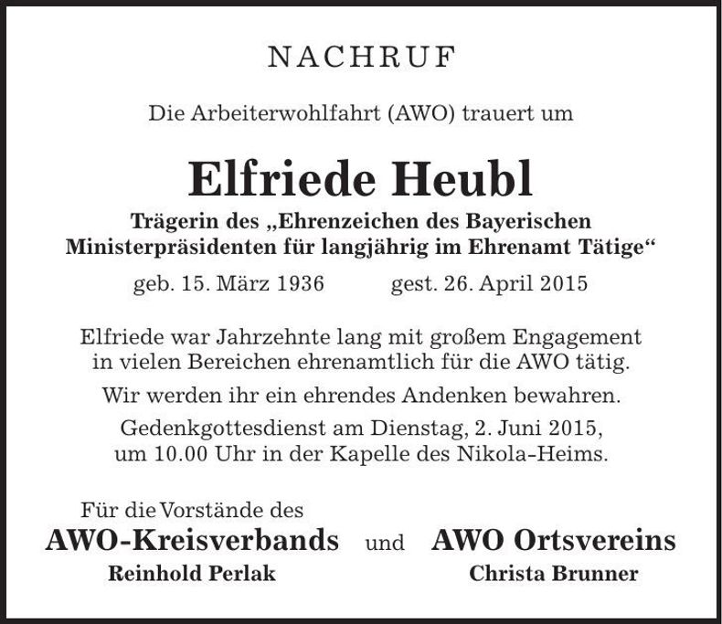 Traueranzeige Elfriede Heubl