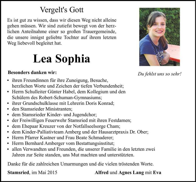Traueranzeige Lea Sophia Lang